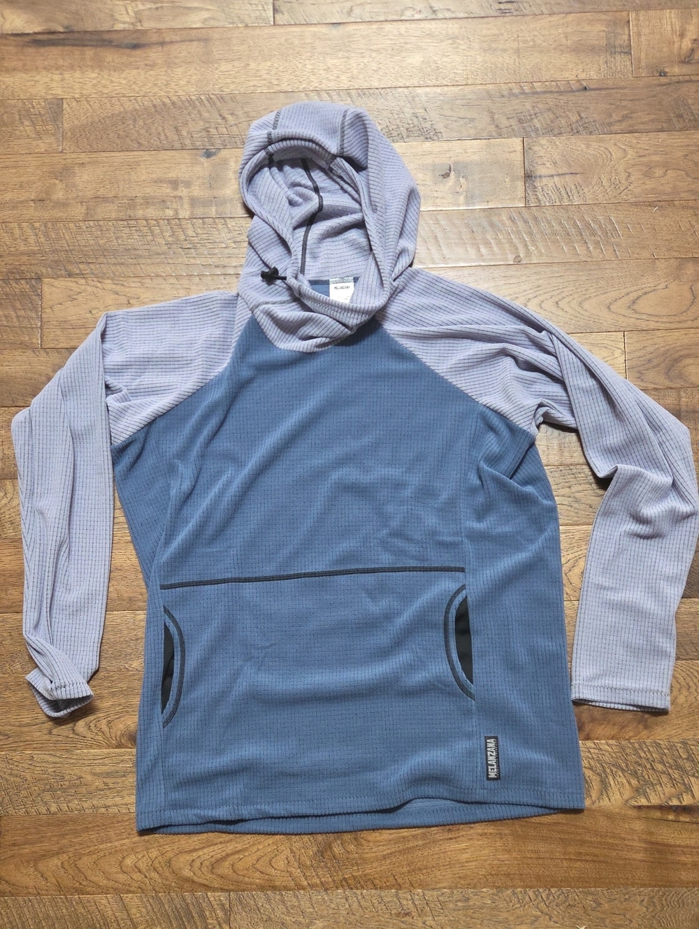 Melanzana Two-Tone Blue Body with Light Gray Sleeves Hooded Pullover
